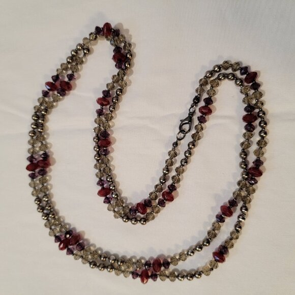 Vintage Red Necklace Gray Burgundy Beaded Crystal Cut Boho Chic 24, 12, 8 inches - Picture 6 of 10